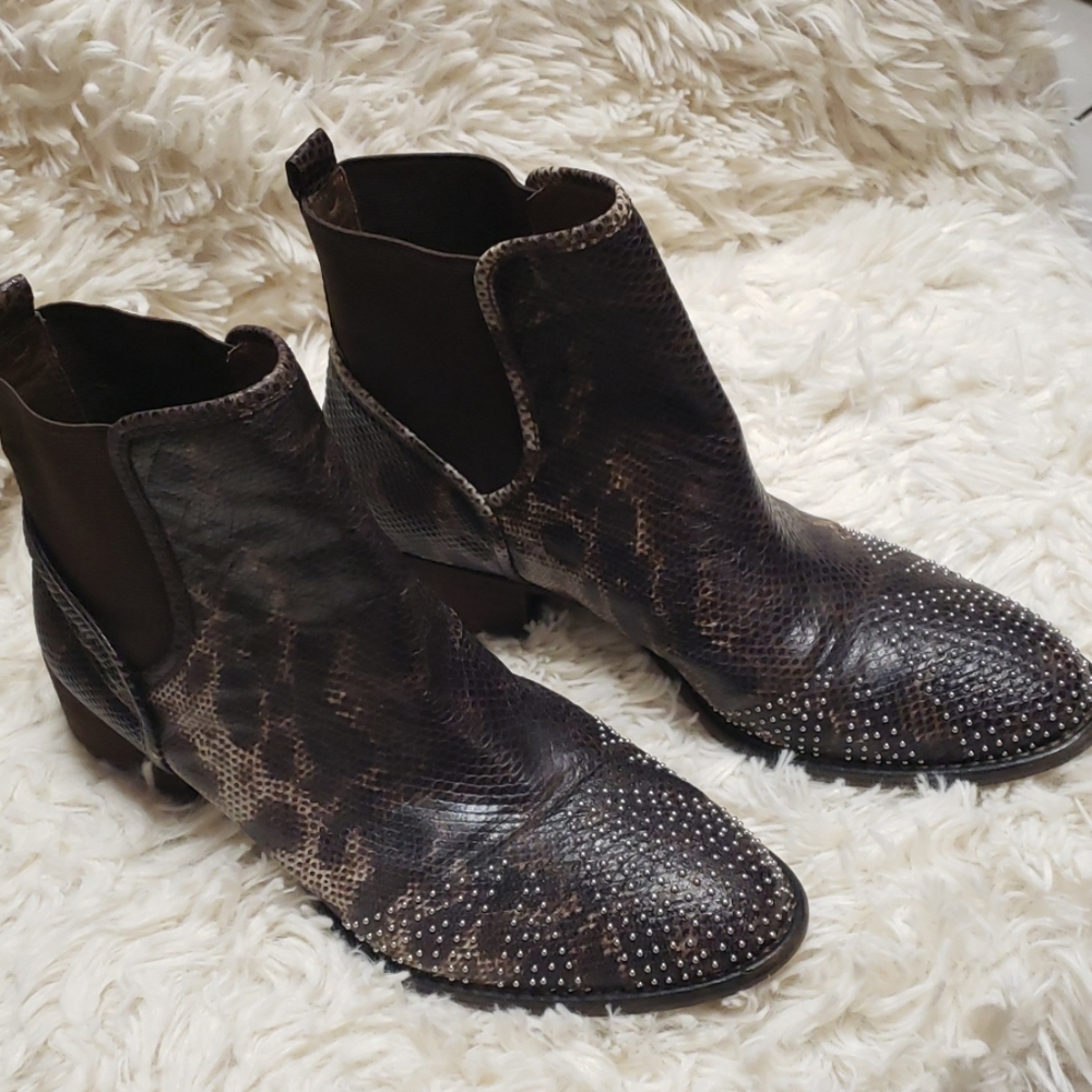 Women’s Snake-Print Ankle Boots with Stud Detailing - Brown